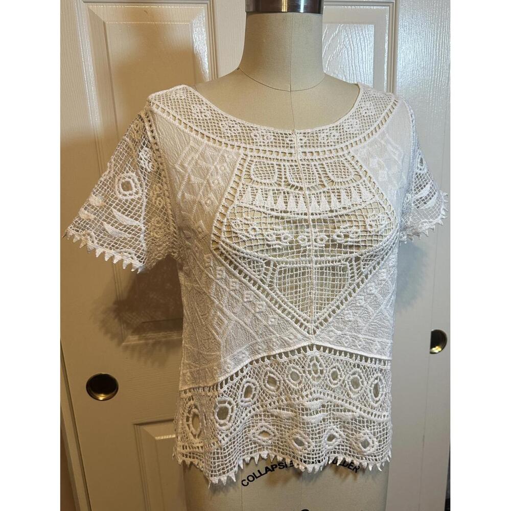 Ultra Pink Boho White Crochet Lace Short Sleeve Blouse M
